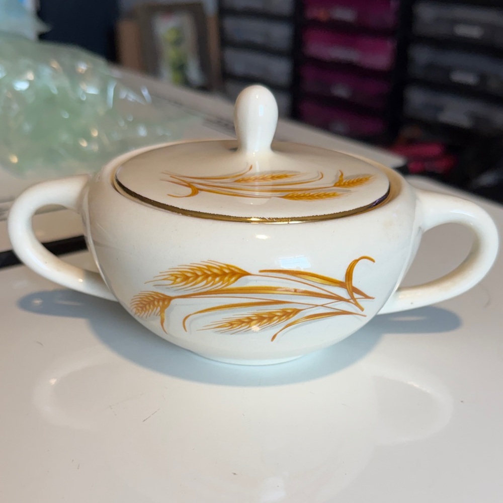 Vintage Golden Wheat Pattern Sugar Bowl